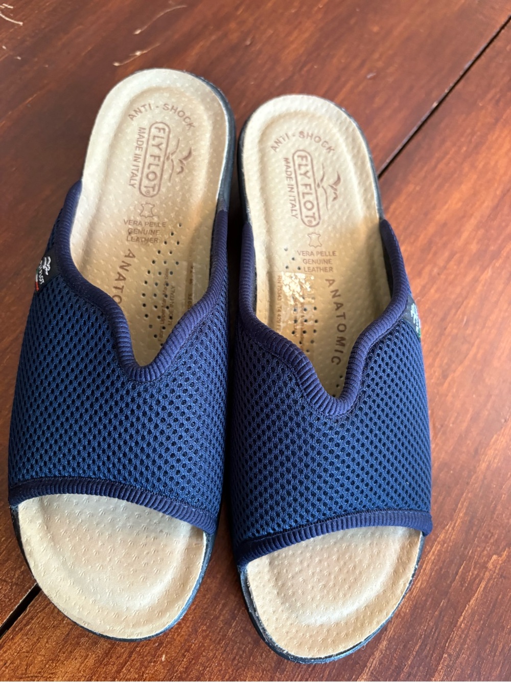 Fly Flot Italy Anti-Sock Women's Navy Open-Toe Wedge Slides 7.5 New / Display